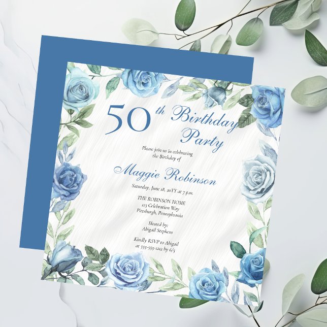 Invitación Elegante marco floral azul Rosa 50 cumpleaños fies (Elegant Blue Roses Floral Frame 50th Birthday Party Invitation - Available in Print and/or Digital)