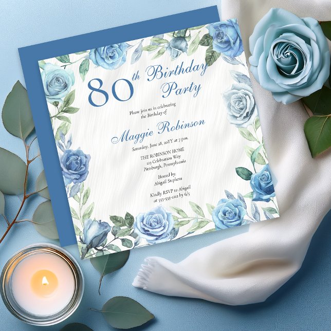 Invitación Elegante marco floral azul Rosa 80 cumpleaños fies (Elegant Blue Roses Floral Frame 80th Birthday Party Invitation - Available in Print and/or Digital)