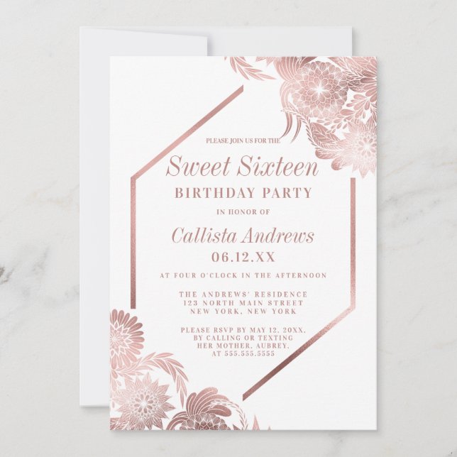 Invitación Elegante marco floral blanco Rosa dorado dulce 16 (Anverso)