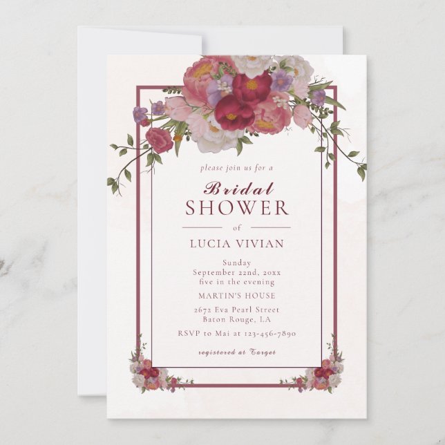 Invitación Elegante marco floral borgoña ducha de novia (Anverso)