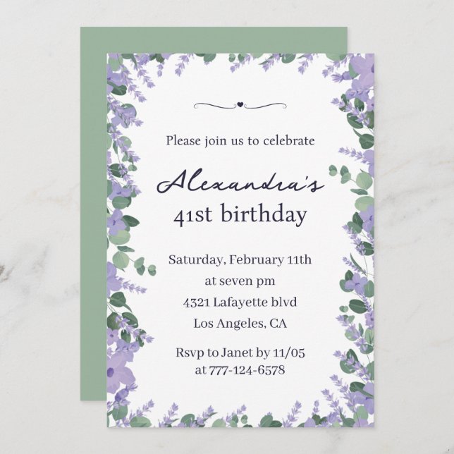 Invitación Elegante marco floral de lavanda 41 cumpleaños (Anverso / Reverso)