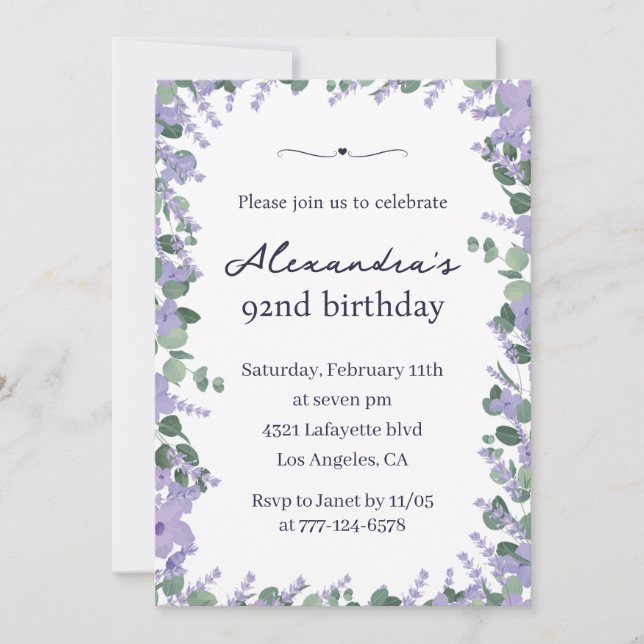 Invitación Elegante marco floral de lavanda 92 cumpleaños (Anverso)