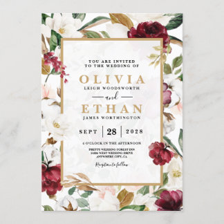 Invitación Elegante marco floral de magnolia borgoña con vege