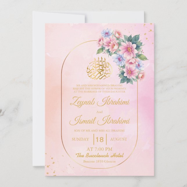 Invitación Elegante marco floral de oro Boda musulmán islámic (Anverso)