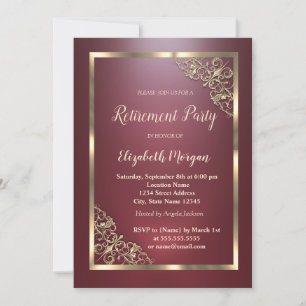 Invitación Elegante marco floral de oro para jubilación roja