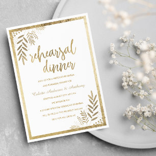 Invitación Elegante marco floral dorado blanco Ensayo Cena