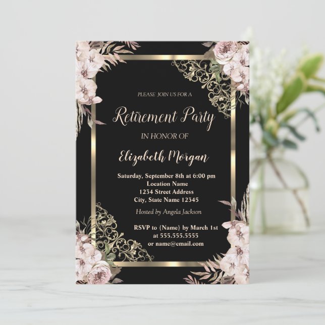 Invitación Elegante marco floral dorado Boho Flores Retirada (Anverso de pie)