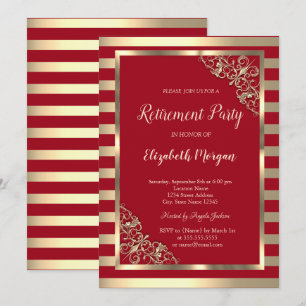 Invitación Elegante Marco Floral Dorado con Rayas Rojas de Ju
