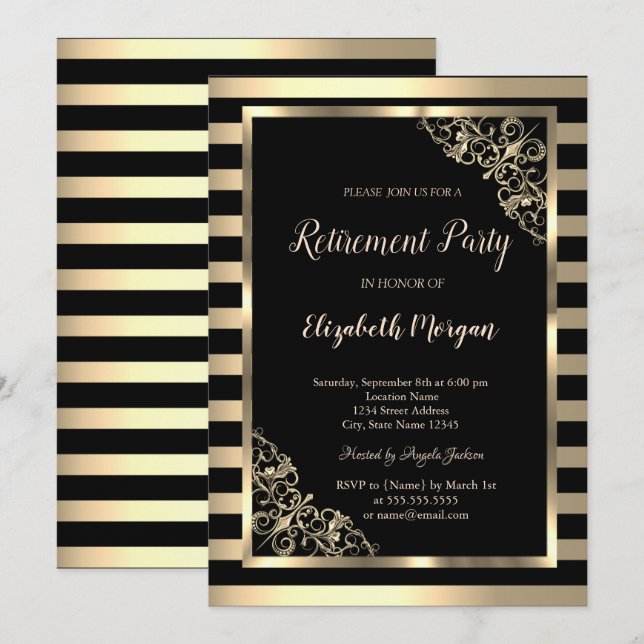 Invitación Elegante marco floral dorado de retiro a rayas (Anverso / Reverso)