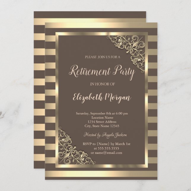 Invitación Elegante marco floral dorado de retiro marrón a ra (Anverso / Reverso)