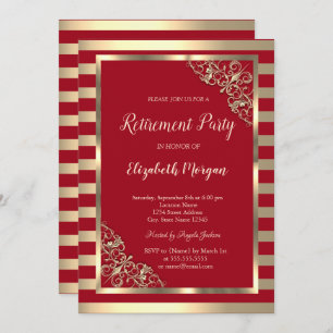 Invitación Elegante marco floral dorado de retiro rojo a raya