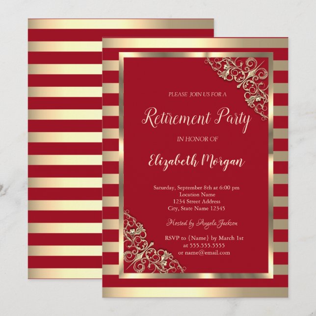 Invitación Elegante marco floral dorado de retiro rojo a raya (Anverso / Reverso)