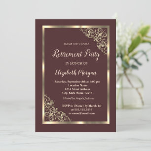 Invitación Elegante marco floral dorado Jubilación marrón