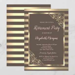 Invitación Elegante marco floral dorado Jubilación rayado mar