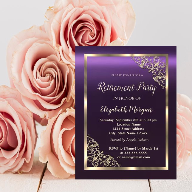Invitación Elegante marco floral dorado Purple Retirement (Subido por el creador)