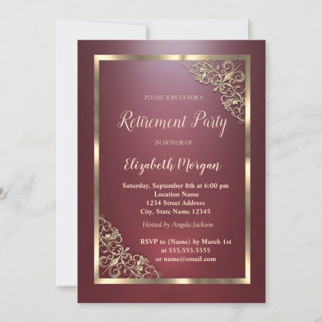 Invitación Elegante marco floral dorado rojo retiro (Anverso)