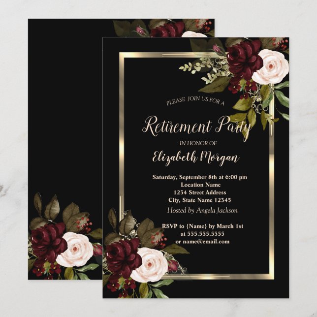Invitación Elegante marco floral dorado Rosas de Borgoña Negr (Anverso / Reverso)