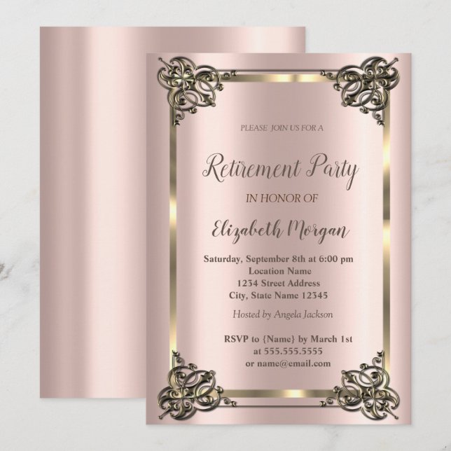 Invitación Elegante Marco Floral Oro,Jubilación Oro Rosa Inv (Anverso / Reverso)