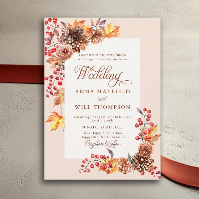 Invitación Elegante marco floral otoño romántico Boda Boho (autumn floral frame rustic elegant romantic terracotta calligraphy fall wedding invitation boho)