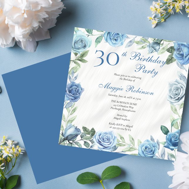 Invitación Elegante marco floral Rosa azul 30 Fiesta de cumpl (Elegant Blue Floral Frame 30th Birthday Party Invitation - Available in Print and/or Download)