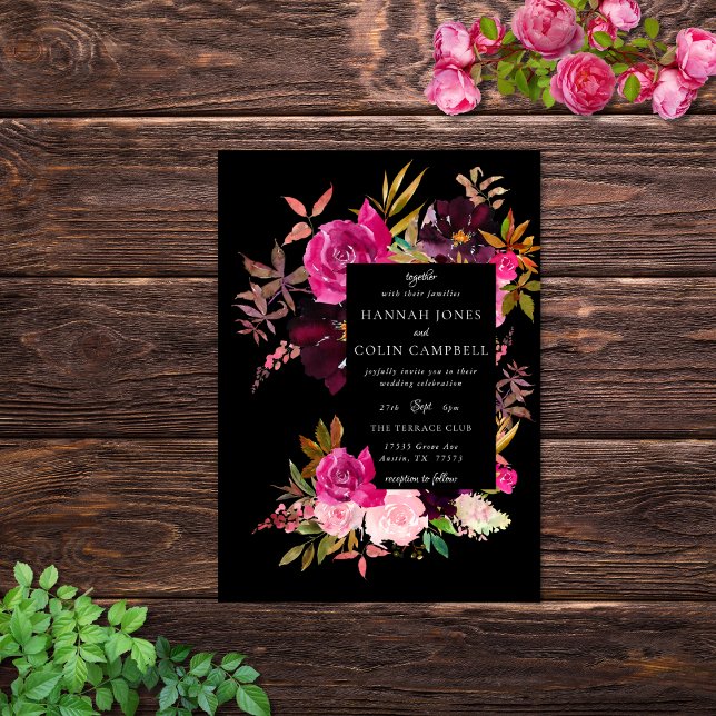 Invitación Elegante marco floral rosa borgoñona negra (Subido por el creador)