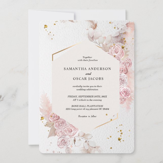 Invitación Elegante marco floral rosa pastel (Anverso)