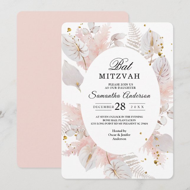 Invitación Elegante marco floral rosa pastel y gotas de oro (Anverso / Reverso)