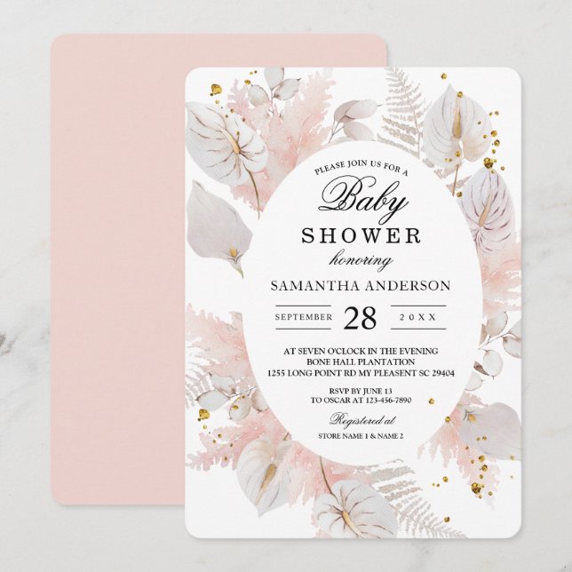 Invitación Elegante marco floral rosa pastel y gotas de oro (Anverso / Reverso)