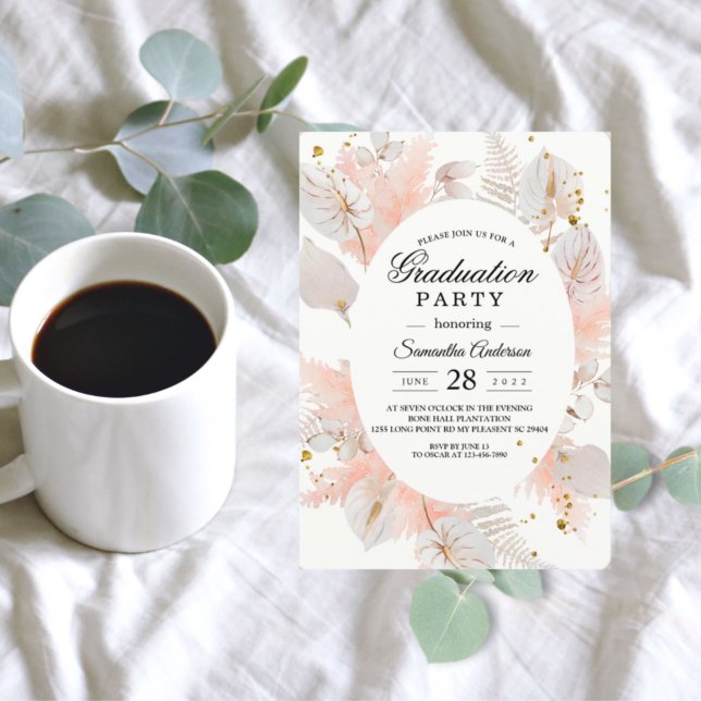 Invitación Elegante marco floral rosa pastel y gotas de oro (Subido por el creador)