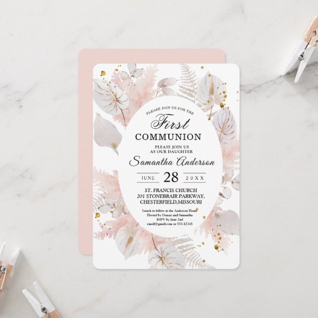 Invitación Elegante marco floral rosa pastel y gotas de oro (Anverso/Reverso In Situ)