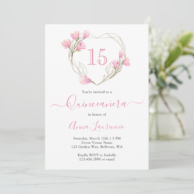 Invitación Elegante Marco Floral Rosa Quinceanera (Anverso de pie)