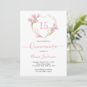 Invitación Elegante Marco Floral Rosa Quinceanera