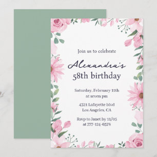 Invitación Elegante marco floral rosa verde cumpleaños 58