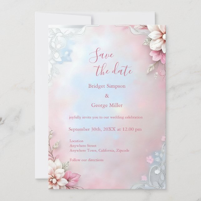 Invitación Elegante Marco floral rosado boda suave paño brill (Anverso)