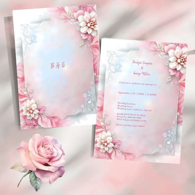 Invitación Elegante Marco floral rosado boda suave paño brill (Subido por el creador)