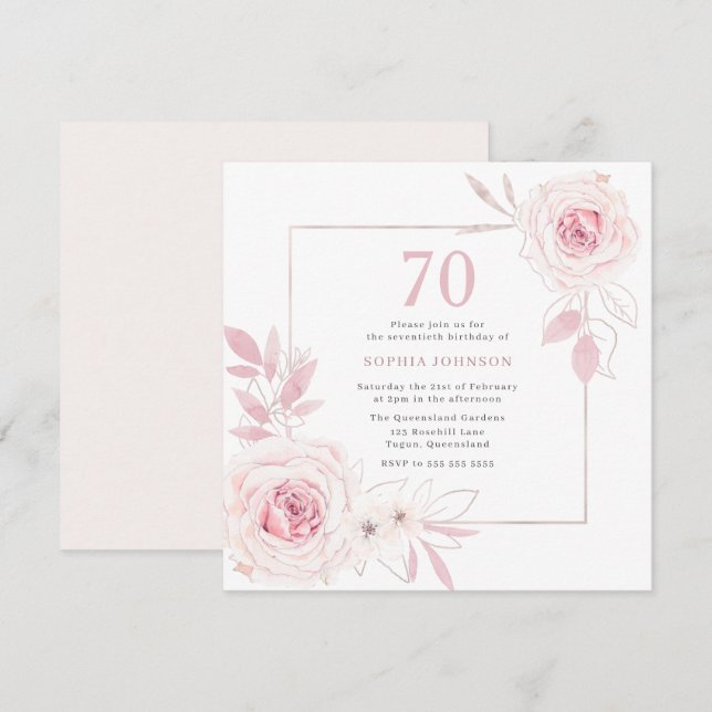 Invitación Elegante marco floral Rubor 70º cumpleaños (Anverso / Reverso)