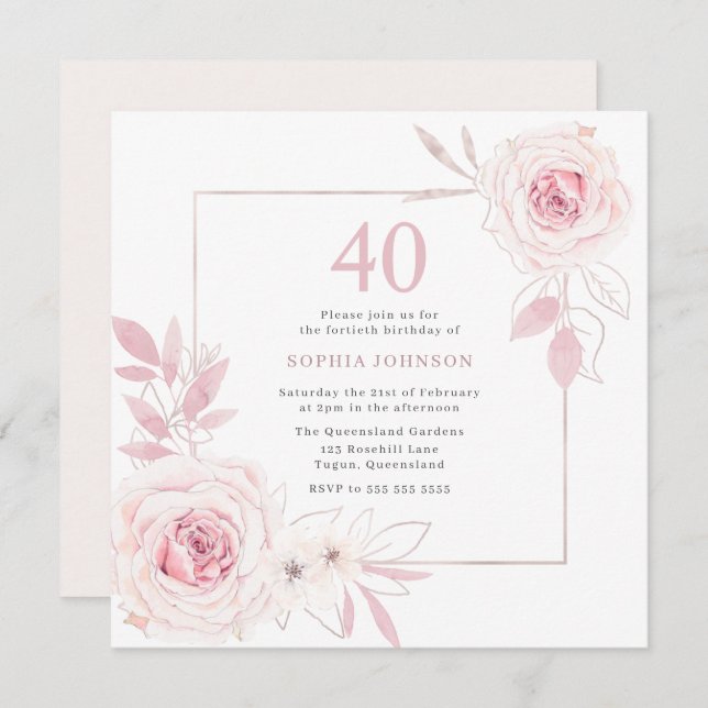 Invitación Elegante marco floral Rubor Floral Wreath 40 cumpl (Anverso / Reverso)