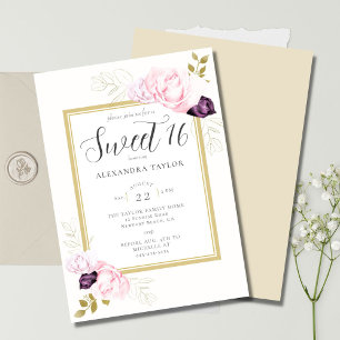 Invitación Elegante marco floral rústico rosas doradas Sweet