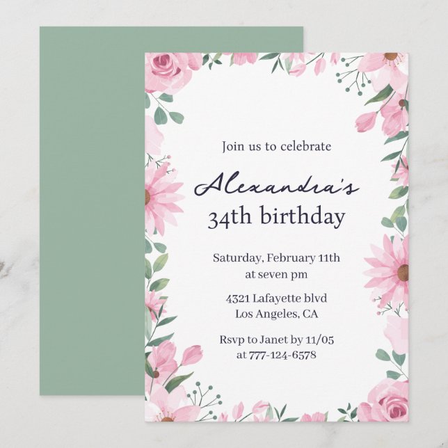 Invitación Elegante marco floral verde rosa 34 cumpleaños (Anverso / Reverso)