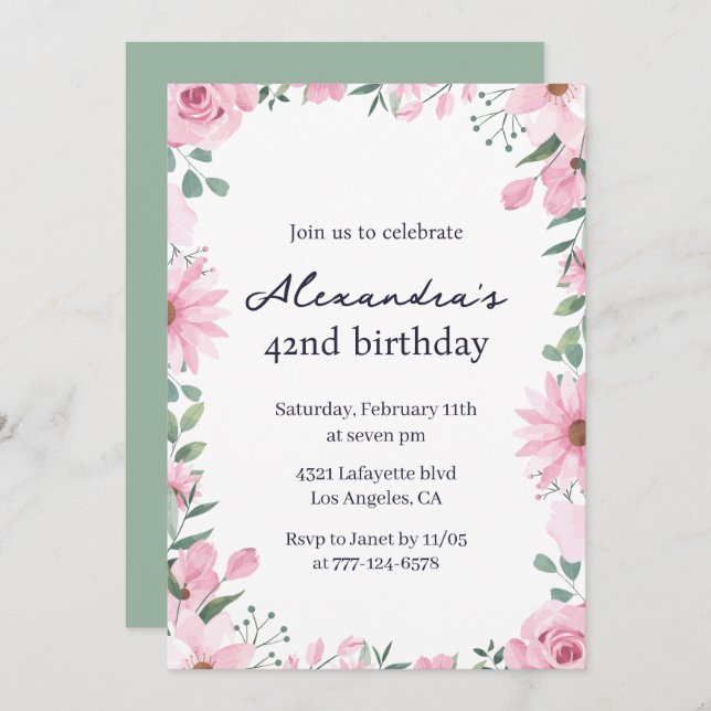 Invitación Elegante marco floral verde rosa 42 cumpleaños (Anverso / Reverso)