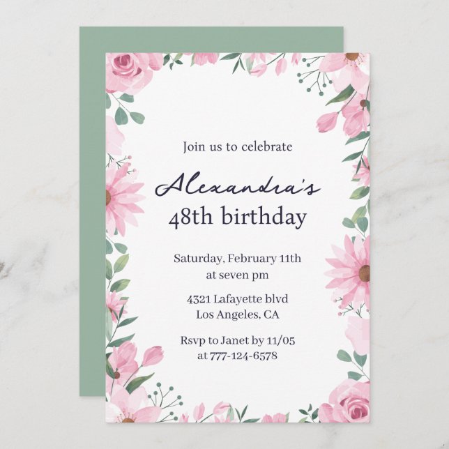 Invitación Elegante marco floral verde rosa 48 cumpleaños (Anverso / Reverso)