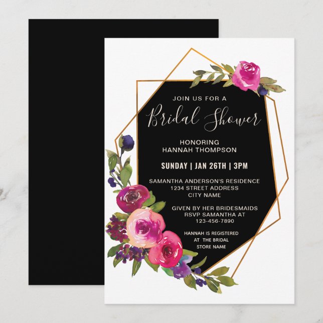 Invitación Elegante marco geométrico floral rosa ducha de nov (Anverso / Reverso)