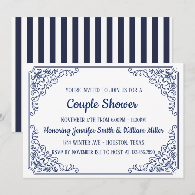Invitación Elegante marco giratorio azul floreciente Ducha Pa (Anverso / Reverso)
