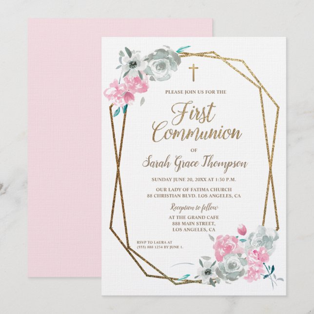 Invitación Elegante marco moderno AguaColor Primera Comunión (Anverso / Reverso)