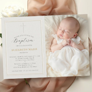 Invitación Elegante Marco Moderno Clásico Cruceta Crema Bauti