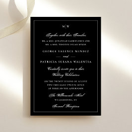 Invitación Elegante Marco Monograma Clásico Boda Blanco Negro