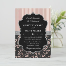 Invitación Elegante marco negro plateado floral boda