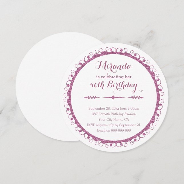 Invitación Elegante marco ornado rosa 40 Fiesta de cumpleaños (Anverso / Reverso)