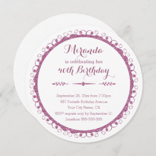 Invitación Elegante marco ornado rosa 40 Fiesta de cumpleaños