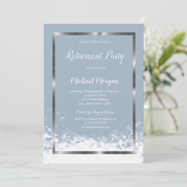 Invitación Elegante marco plateado Dusty Jubilación Azul (Anverso de pie)